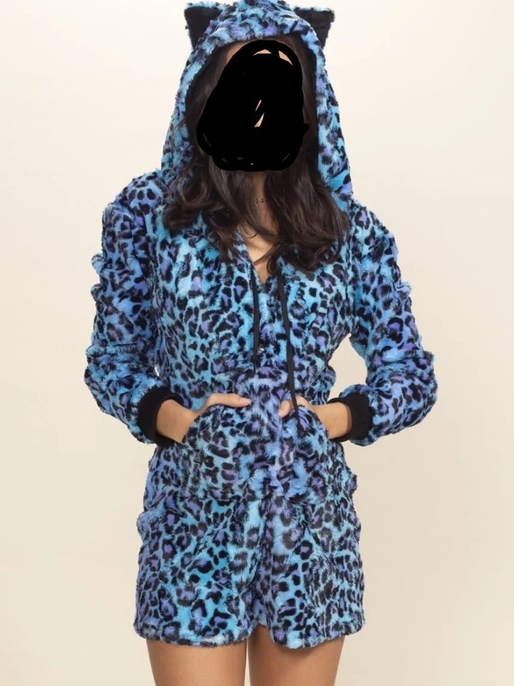 Blue Leopard Plush Hooded Jacket Romper